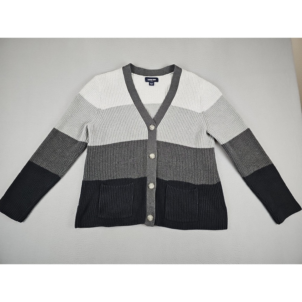 Lands' End Drifter Cardigan Medium Gray Ribbed Colorblock Button Front V Neck